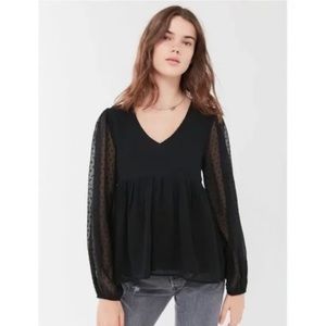 Urban Outfitters Black Sheer Clip French Dot Babydoll Top Peplum Blouse Small
